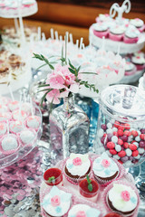 Dishes with pink and blue sweets stand on silver table