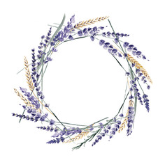 Lavender watercolor hand painted wreath wheat cereal provence - 175922367