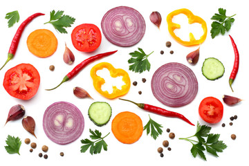 mix red onion, sweet bell pepper, red hot chili peppers with parsley and sliced tomato isolated on white background top view