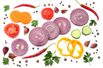 mix red onion, sweet bell pepper, red hot chili peppers with parsley and sliced tomato isolated on white background top view