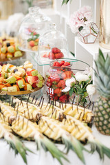 Dinner table served with different kinds of fruits