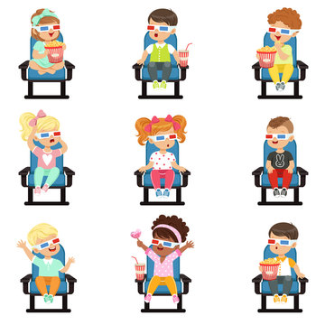 Icons set of cute little children in 3D-glasses