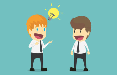 Businessman two brainstorming on a meeting presenting ideas and projects. Cartoon of business success is the concept of men characters business, mood of people, background. vector illustration