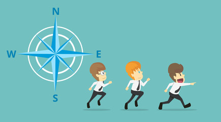 Group Businessman running along the compass success.Cartoon of business success is the concept of the man characters business, the mood of people,background, banner, infographics. vector illustration