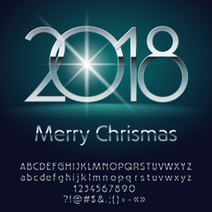 Vector silver Merry Christmas 2018 greeting card with set of letters, symbols and numbers. Glossy Font contains Graphic Style