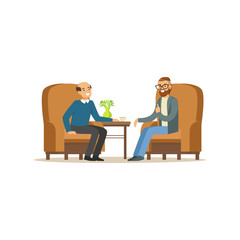 Smiling male patient character talking to male psychologist about problems, man dealing with stress, psychologist having session with patient vector Illustration
