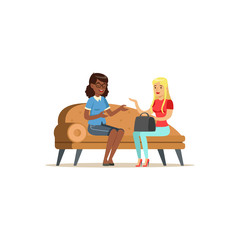 Female patient character talking to psychologist about problems, psychotherapy counseling, psychologist having session with depressed patient vector Illustration