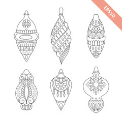 Collection black line ornate christmas ball. Decorative element. Coloring page.