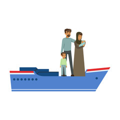 Stateless refugee family on a boat, illegal migration, war victims concept vector Illustration