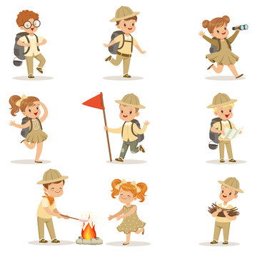 Set of girls and boys in scout costumes