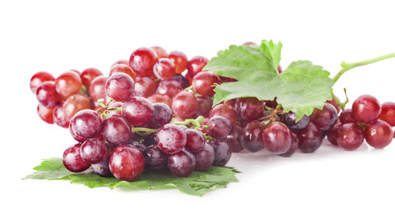 Red grape with leaf isolated on white background