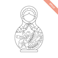 Black line nesting doll with floral ornament isolated on white background. Decorative element. Coloring page.