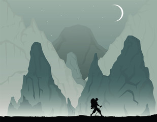 Cartoon illustration with man with backpack hiking