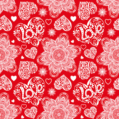 Love heart and mandalas seamless pattern in white and red colors