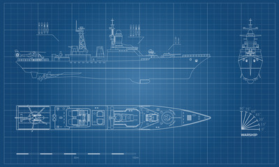 Blueprint of military ship. Top, front and side view. Battleship model. Industrial drawing. Warship in outline style
