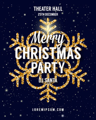 Christmas party poster. Vector Christmas background with glittering golden snowflake.