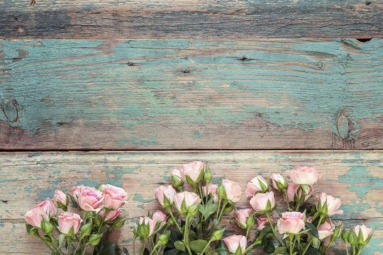 Small pink roses on old blue wooden boards. Space for text.