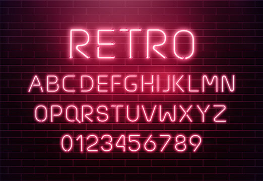 Light neon font letter set. Bar sign vector type. Glowing casino and cinema red text alphabet on brick wall background. Retro background.