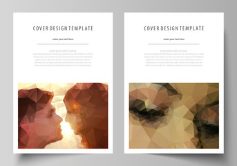 Business templates for brochure, magazine, flyer. Cover design template, abstract vector layout in A4 size. Romantic couple kissing. Beautiful background. Geometrical pattern in triangular style.