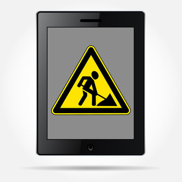 Black tablet with image sign of repair work. Repair of electronic devices. Vector Image.