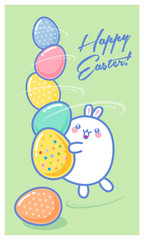 Happy Easter illustration. Kawaii postcard or poster with eggs and rabbit. A fat rabbit dances with Easter eggs.