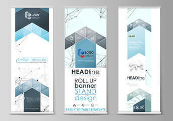 Roll up banner stands, abstract geometric style templates, vertical vector flyers, flag layouts. Chemistry pattern, connecting lines and dots, molecule structure on white, geometric graphic background