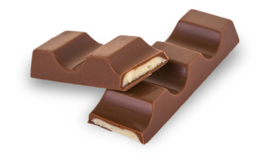 Chocolate bar with cream filling on white background.