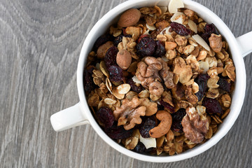 homemade granola in white boul