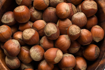 Hazelnuts in a wood bowl and loose isolated over white background.