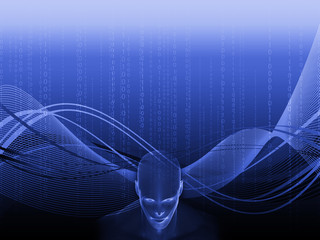 3D rendering of Human head with binary code and electric waves