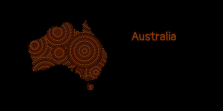 Textured Australia continent in red aboriginal dot art ornament, vector