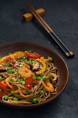 Buckwheat noodles with seafood, vertical