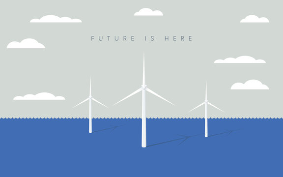 Offshore wind farm vector symbol with wind turbines. Symbol of renewable energy, electricity, power.
