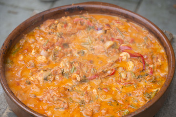 Delicious traditional greek dish named garides saganaki