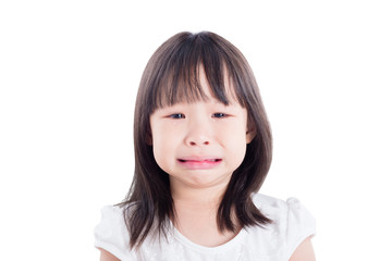 Little asian girl crying over white background