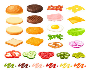 Set of ingredients for burger and sandwich . Sliced veggies, bun, cutlet, sauce. Vector illustration cartoon flat icon collection isolated on white. - obrazy, fototapety, plakaty
