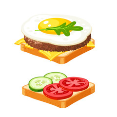 Couple sandwich. Sliced veggies, cutlet, omelette. Vector illustration cartoon flat icon collection isolated on white.
