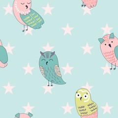 Vector seamless pattern with owls and stars