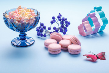 Pink Macaroons cakes with colorful fluffy marshmallows in blue vase.