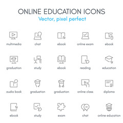 Online education theme, line icon set.