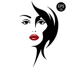 Woman's face with red lips. Vector fashion illustration. Black and white silhouette