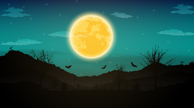 Halloween night background with naked trees, bat and full moon on dark background.
