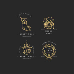 Vector linear design Christmas greetings elements on white background. Typography ang icon for Xmas cards, banners or posters and other printables