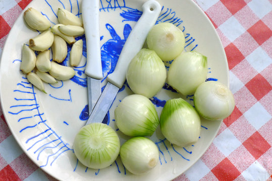 fresh onios and garlic on a plate with two knifes to cut them