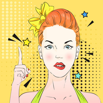 Pop art surprised woman face with a finger raised . Comic woman. Vector illustration.