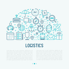 Fototapeta na wymiar Logistics concept in half circle with thin line icons of delivery, box, airplane, train, marine, crane, globe with pointer. Vector illustration for banner, web page, print media.