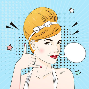 Pop art surprised woman face requests to call. Comic woman with speech bubble. Vector illustration.