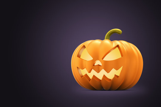 Scary Halloween pumpkin lantern with a candle inside on a violet background. 3d render.