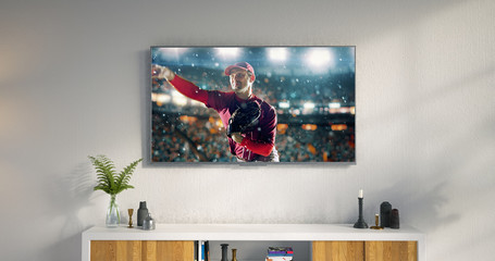 Living room led tv showing baseball game