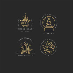 Fototapeta premium Vector linear design Christmas greetings elements on white background. Typography ang icon for Xmas cards, banners or posters and other printables